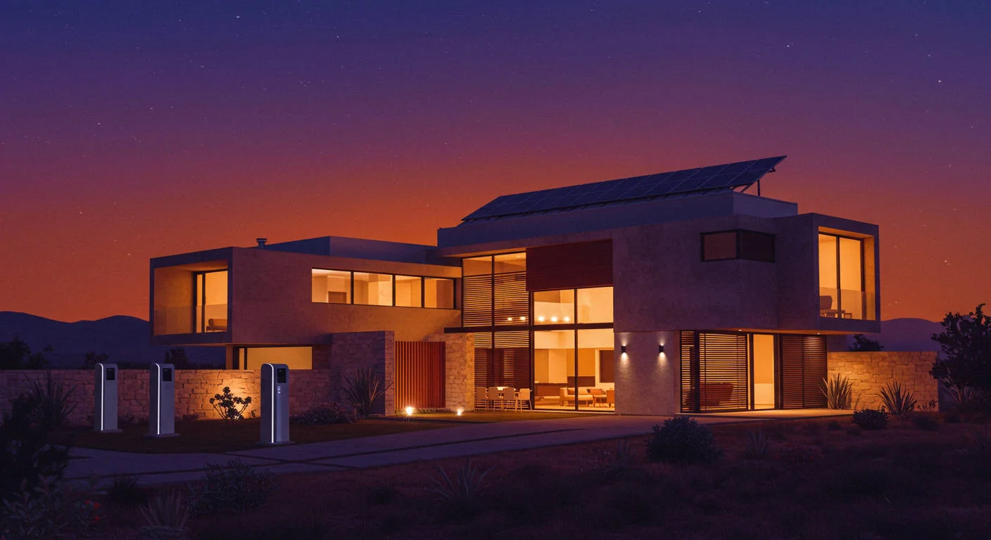 Casa con paneles solares al atardecer, Sinergic