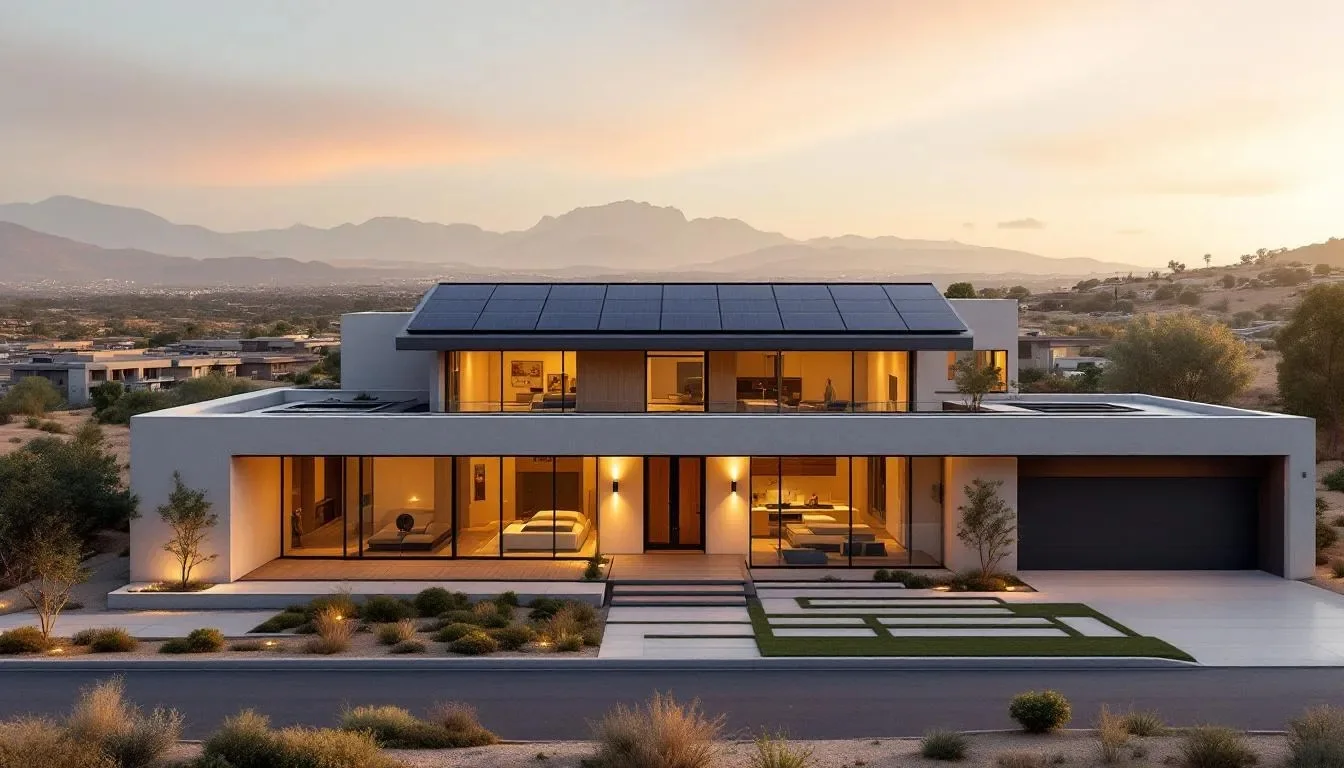 Casa moderna con sistema solar híbrido al atardecer, Sinergic