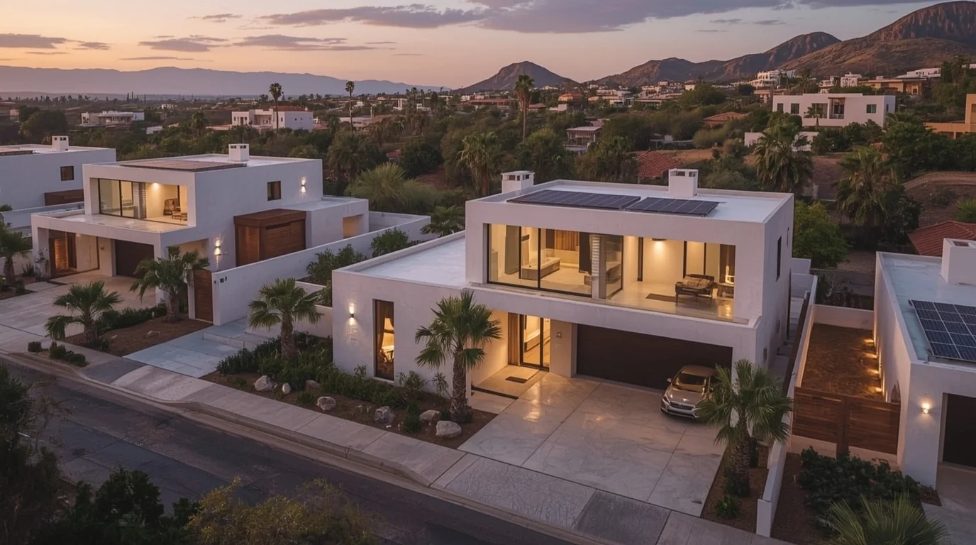 Casas residenciales con paneles solares Sinergic al atardecer